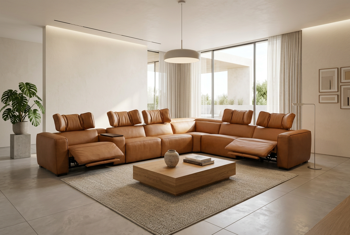 Rally Pro Caramel 7-Piece L-Shaped Dual Power Reclining Sectional with Console & Immersive Sound System