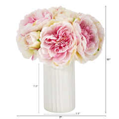 11” Peony Bouquet Artificial Arrangement in White Vase - Ornate Home