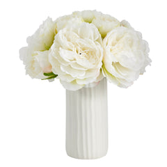 11” Peony Bouquet Artificial Arrangement in White Vase - Ornate Home