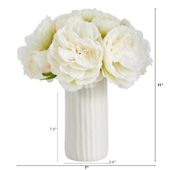 11” Peony Bouquet Artificial Arrangement in White Vase - Ornate Home