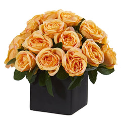 11” Rose Artificial Arrangement in Black Vase - Ornate Home