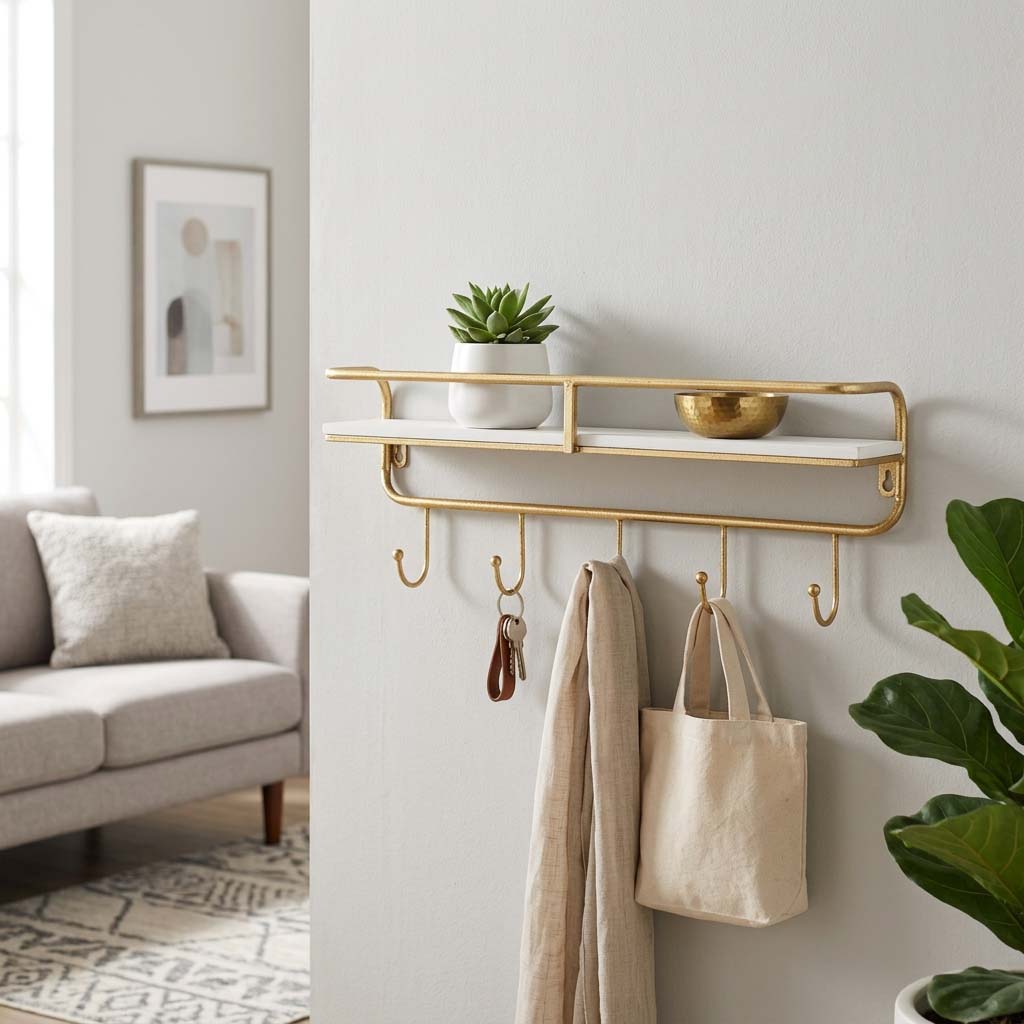 Calneva White/Gold Metal and Wood 5 Hook Wall Shelf