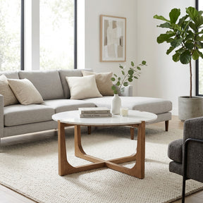 Keystone White/Brown Modern Coffee Table with Marble Top