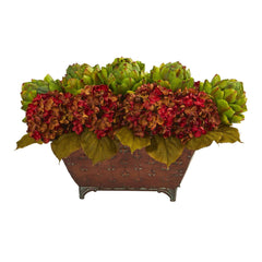 12" Artificial Arrangement Hydrangea & Artichokes in Metal Planter" - Ornate Home