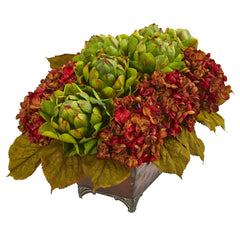 12" Artificial Arrangement Hydrangea & Artichokes in Metal Planter" - Ornate Home