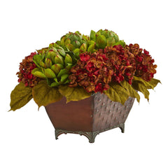 12" Artificial Arrangement Hydrangea & Artichokes in Metal Planter" - Ornate Home