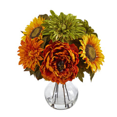12” Peony, Dahlia and Sunflower Artificial Arrangement in Glass Vase - Ornate Home