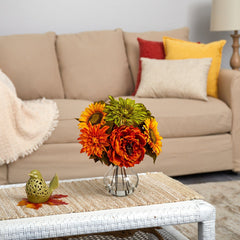 12” Peony, Dahlia and Sunflower Artificial Arrangement in Glass Vase - Ornate Home