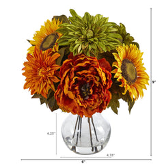 12” Peony, Dahlia and Sunflower Artificial Arrangement in Glass Vase - Ornate Home