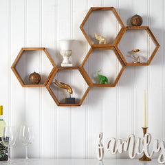 12” Wooden Hexagon Floating Honeycomb Shelve (Set of 5) - Ornate Home