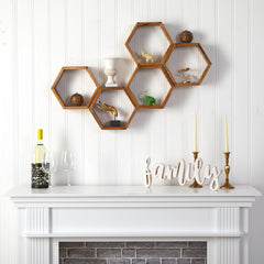12” Wooden Hexagon Floating Honeycomb Shelve (Set of 5) - Ornate Home