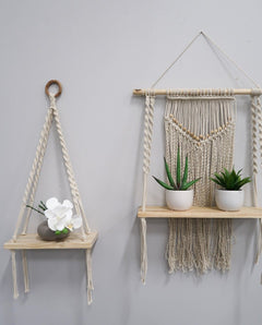 12” x 22” Hand Woven Macrame Wall Hanging with Wooden Shelf - Ornate Home