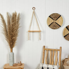 12” x 22” Hand Woven Macrame Wall Hanging with Wooden Shelf - Ornate Home