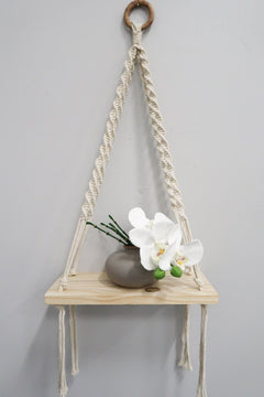12” x 22” Hand Woven Macrame Wall Hanging with Wooden Shelf - Ornate Home
