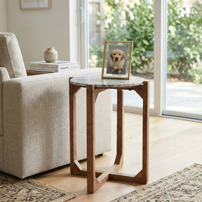 Elwynoak Ivory/Brown Modern Wood and Marble Accent Table