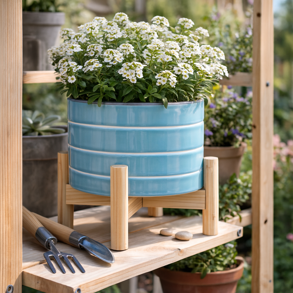 Alisal Sky Blue Small Striped Planter with Wood Stand