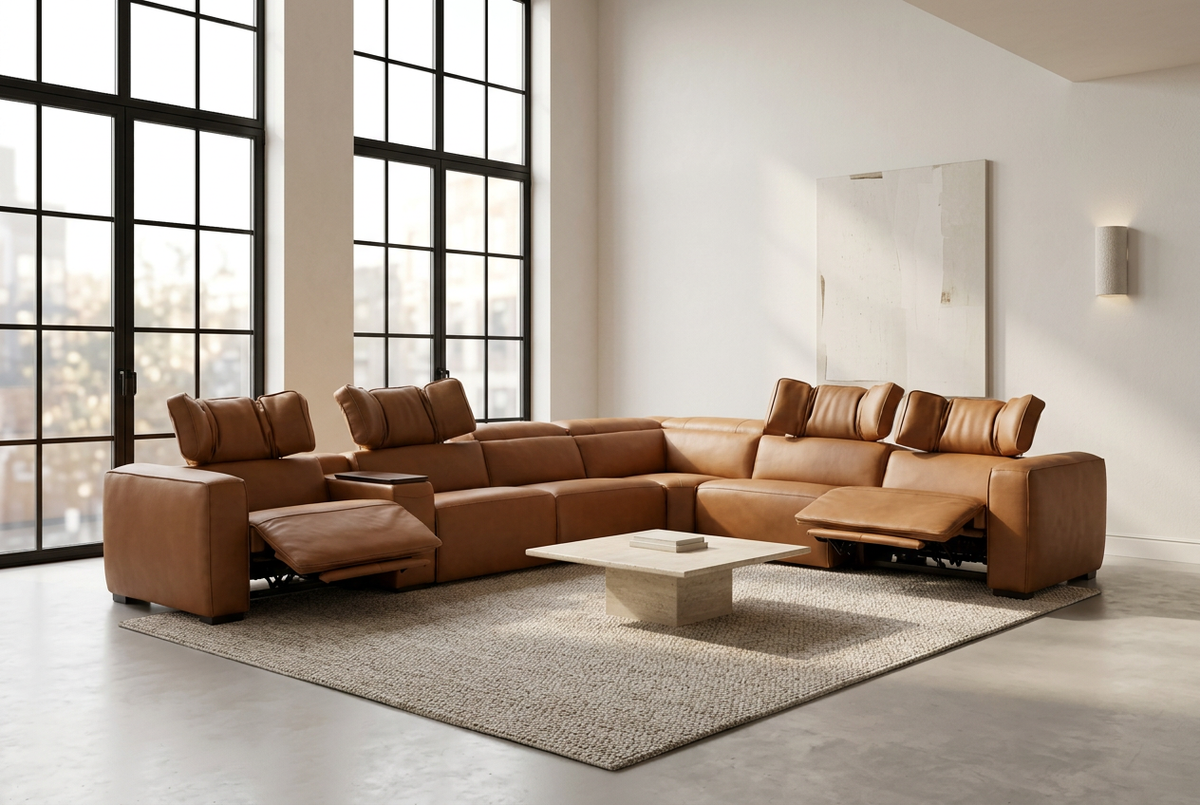Rally Pro Caramel 7-Piece L-Shaped Dual Power Reclining Sectional with Console & Immersive Sound System