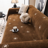 Chenille Camellia Floral Sofa Throw Cover Couch Blanket with Striped Jacquard