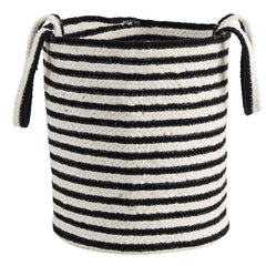 13” Boho Chic Basket Natural Cotton, Handwoven Black and White Stripe with Handles - Ornate Home
