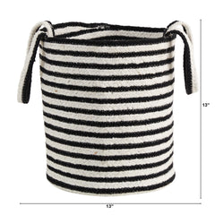 13” Boho Chic Basket Natural Cotton, Handwoven Black and White Stripe with Handles - Ornate Home