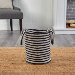 13” Boho Chic Basket Natural Cotton, Handwoven Black and White Stripe with Handles - Ornate Home