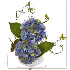 13” Hydrangea Artificial Arrangement in White Vase - Ornate Home