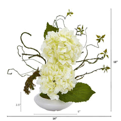 13” Hydrangea Artificial Arrangement in White Vase - Ornate Home
