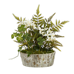 13” Orchid Phalaenopsis, Clover and Fern Artificial Plant in Weathered Oak Planter - Ornate Home