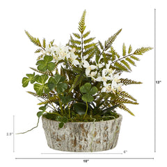 13” Orchid Phalaenopsis, Clover and Fern Artificial Plant in Weathered Oak Planter - Ornate Home