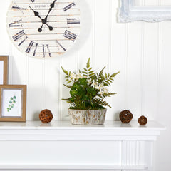 13” Orchid Phalaenopsis, Clover and Fern Artificial Plant in Weathered Oak Planter - Ornate Home