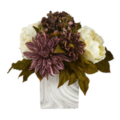 13” Peony, Hydrangea and Dahlia Artificial Arrangement in Marble Finished Vase - Ornate Home