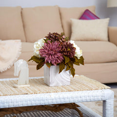 13” Peony, Hydrangea and Dahlia Artificial Arrangement in Marble Finished Vase - Ornate Home