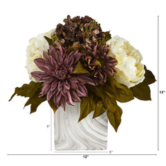 13” Peony, Hydrangea and Dahlia Artificial Arrangement in Marble Finished Vase - Ornate Home