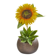 13” Sunflower and Agave Artificial Arrangement in Stone Vase - Ornate Home