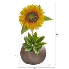 13” Sunflower and Agave Artificial Arrangement in Stone Vase - Ornate Home