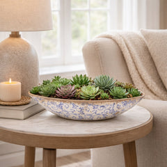 13” Tuscan Ceramic Blue Scroll Decorative Bowl - Ornate Home