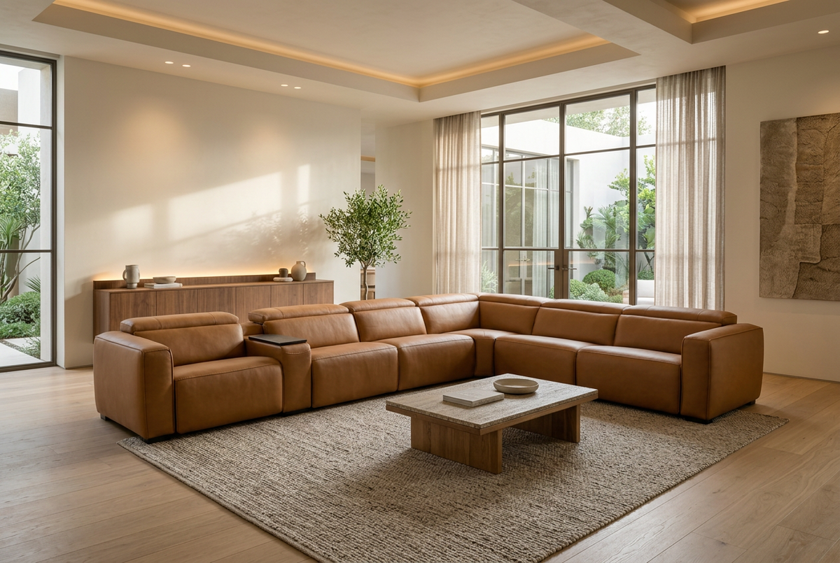 Rally Pro Caramel 7-Piece L-Shaped Dual Power Reclining Sectional with Console & Immersive Sound System