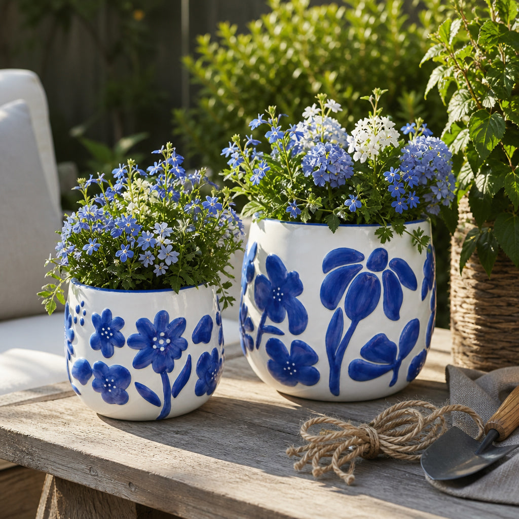 Miranda Blue Floral Embossed Planters (Set of 2)
