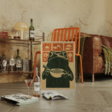 Ramen Frog in Retro Woodblock Style