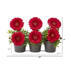 14” Gerber Daisy Artificial Arrangement in Trio Metal Vase - Ornate Home