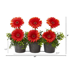 14” Gerber Daisy Artificial Arrangement in Trio Metal Vase - Ornate Home