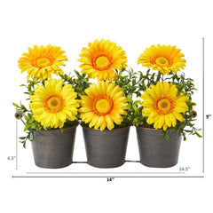 14” Gerber Daisy Artificial Arrangement in Trio Metal Vase - Ornate Home