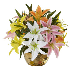 14” Lily Artificial Arrangement in Gold Vase - Ornate Home