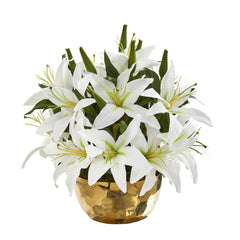 14” Lily Artificial Arrangement in Gold Vase - Ornate Home