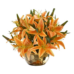 14” Lily Artificial Arrangement in Gold Vase - Ornate Home