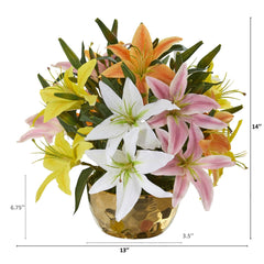 14” Lily Artificial Arrangement in Gold Vase - Ornate Home