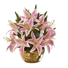 14” Lily Artificial Arrangement in Gold Vase - Ornate Home