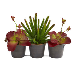 14” Mix Succulent Artificial Plant in Trio Metal Planter - Ornate Home