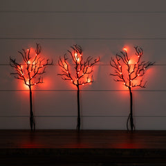 14" Pre-Lit Artificial Halloween Black Twig Branches with 45 Orange LED Lights and Integrated Ground Stake - Set of 3 - Ornate Home