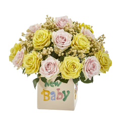 14” Rose and Gypsophillia Artificial Arrangement in “New Baby” Vase - Ornate Home